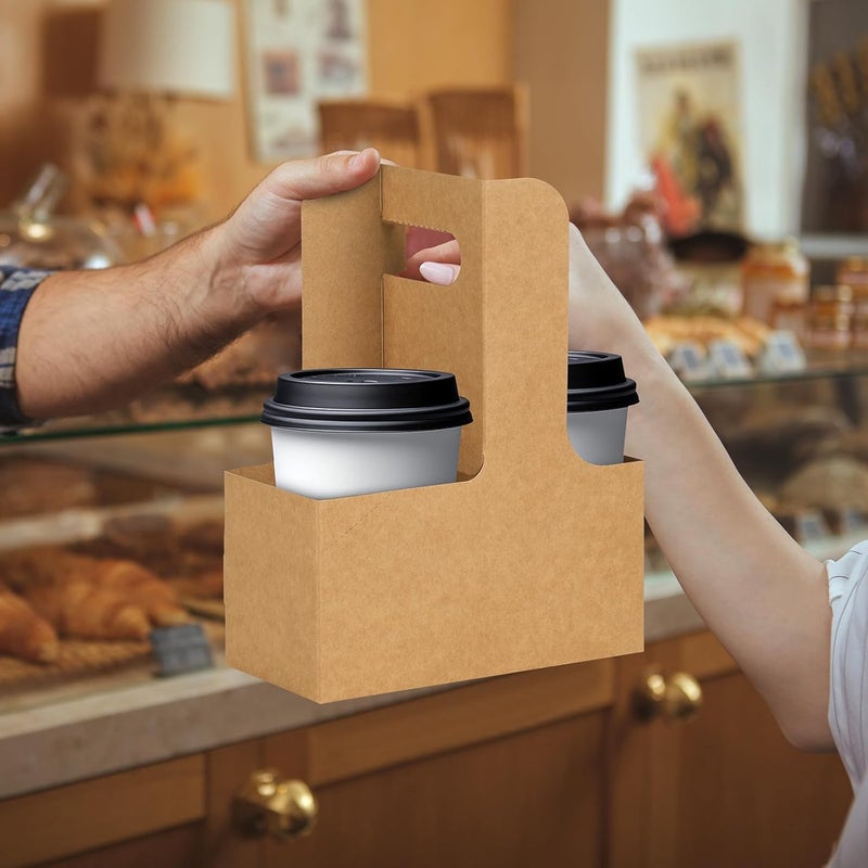 tchrules 60 pcs Brown Kraft Paper 2 Cup Drink Carrier with Handle – Disposable Kraft Paperboard Cup Holder for Hot or Cold Drinks, Take-Out Cup Carrier & Coffee Carrier for Food Delivery, 2-Cup Drink Tray - Image 5